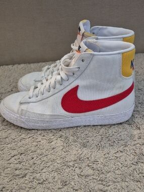 Nike Blazer Mid 77 High-Top Canvas Sneakers in White with Red Swoosh and Yellow